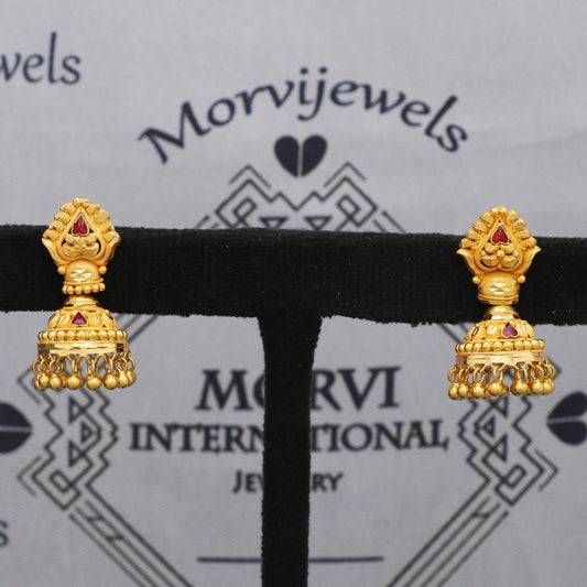 22k Yellow Gold Earrings Jhumki Jhumka Style Dangling Beads For Women Indian Wedding Jewelry, K5601
