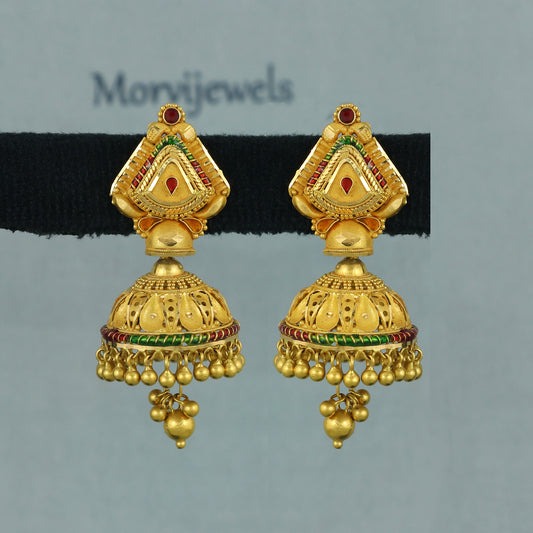 22k Yellow Gold jhumka Earrings , wedding, bridal, hanging small beads indian ethnic gold earrings jewelry, K5970