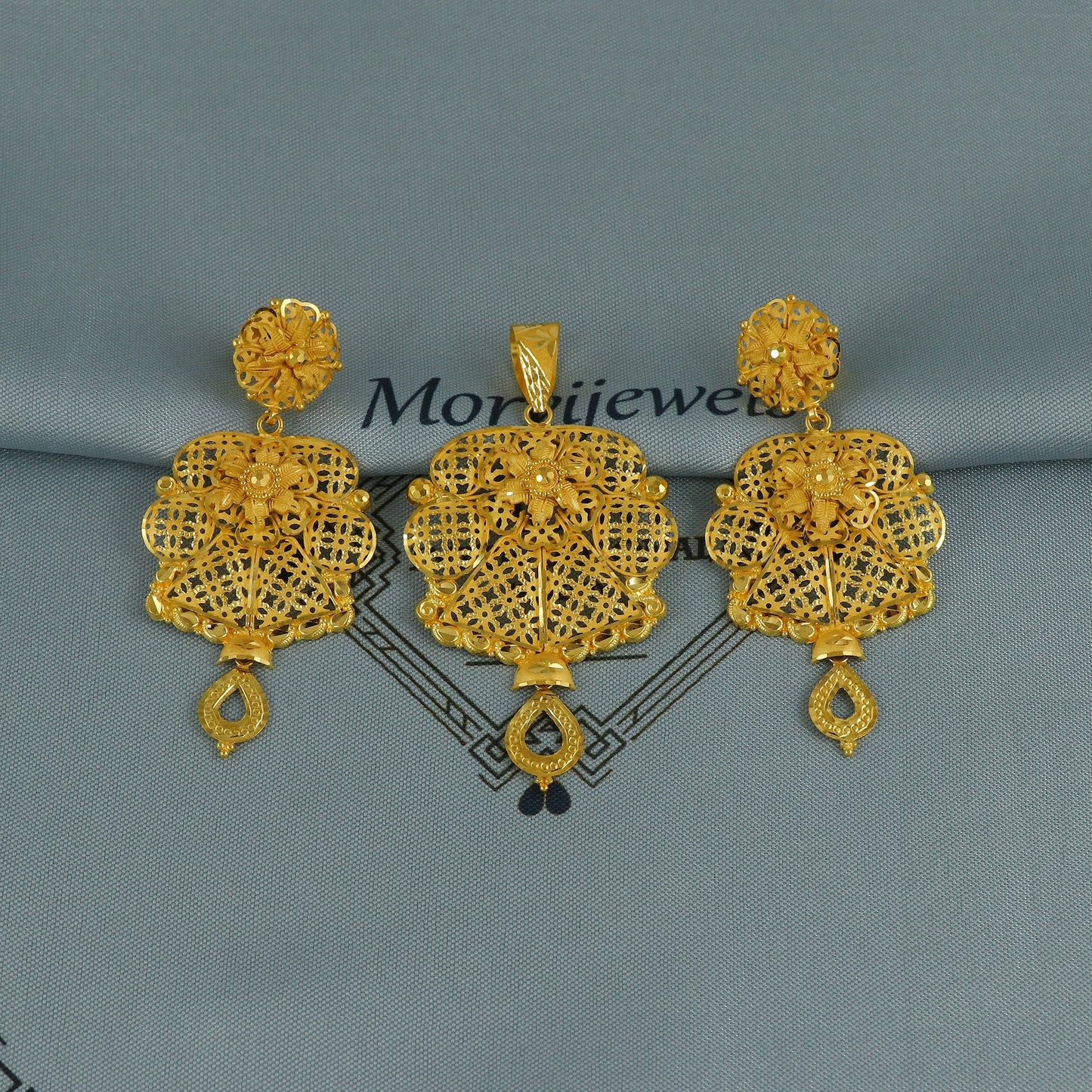 22k gold dangle filigree earrings pendant set jewelry women, pure gold flower design handmade handcrafted gold jewelry, K6744