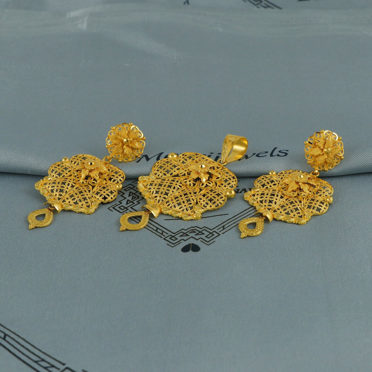 22k gold dangle filigree earrings pendant set jewelry women, pure gold flower design handmade handcrafted gold jewelry, K6744