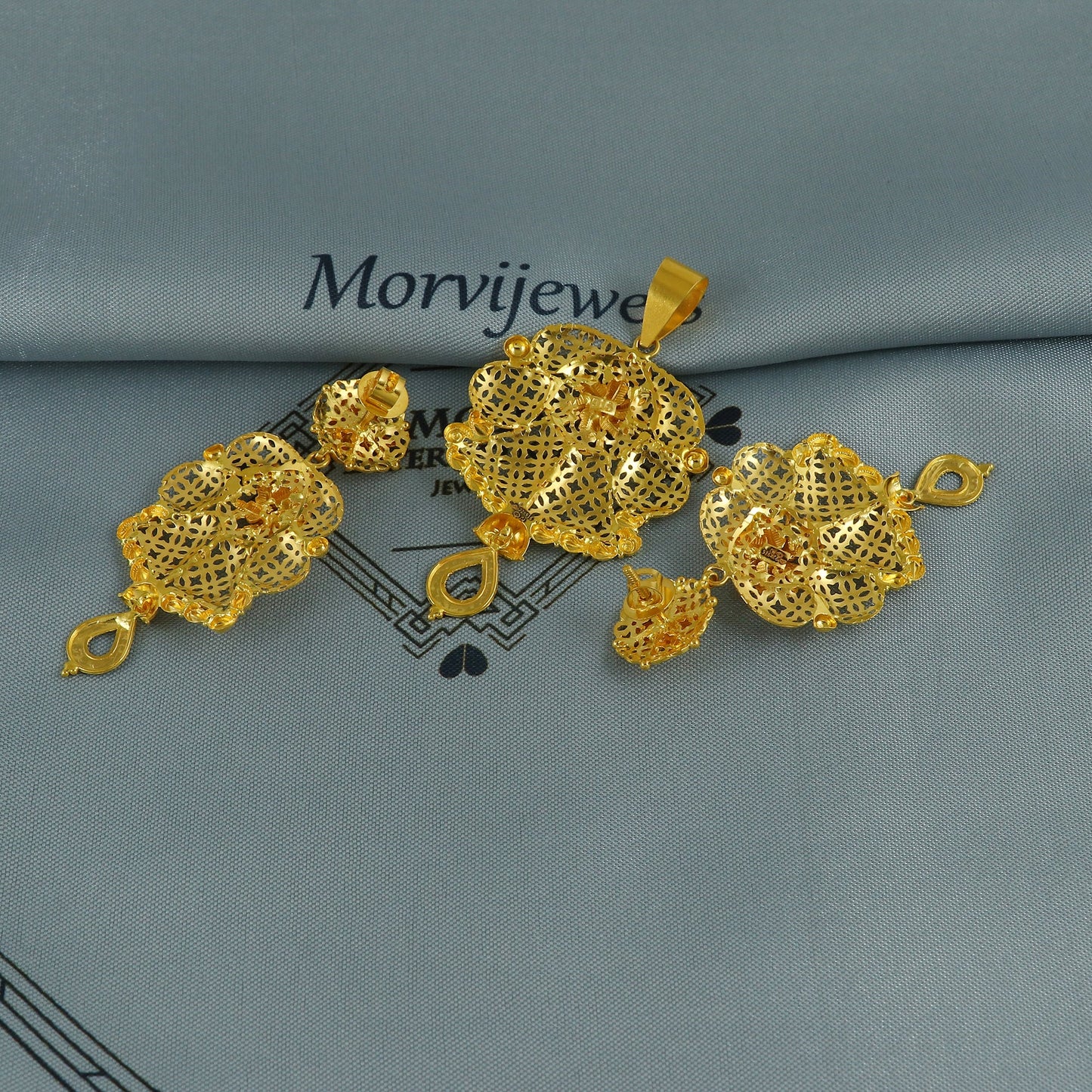 22k gold dangle filigree earrings pendant set jewelry women, pure gold flower design handmade handcrafted gold jewelry, K6744