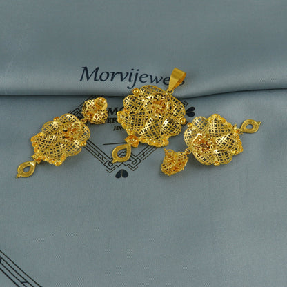 22k gold dangle filigree earrings pendant set jewelry women, pure gold flower design handmade handcrafted gold jewelry, K6744