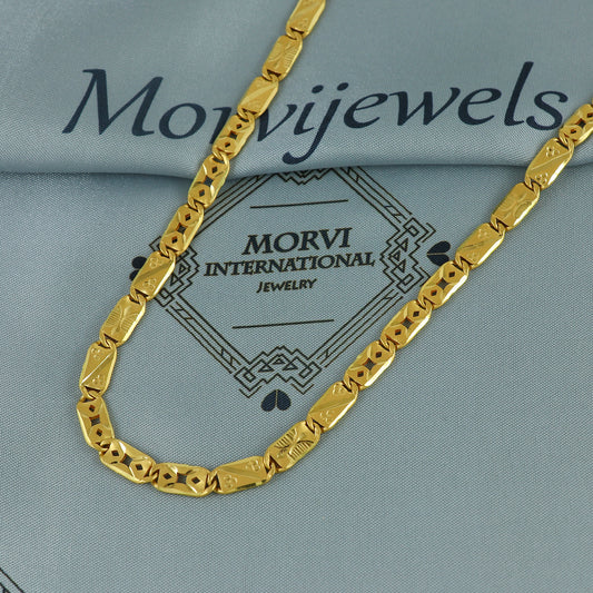 Solid 22k Yellow Gold Handmade Designer Bar Link Chain Necklace, Indian Patti Chain Jewelry, Vintage Engraved Gold Necklace, K7168