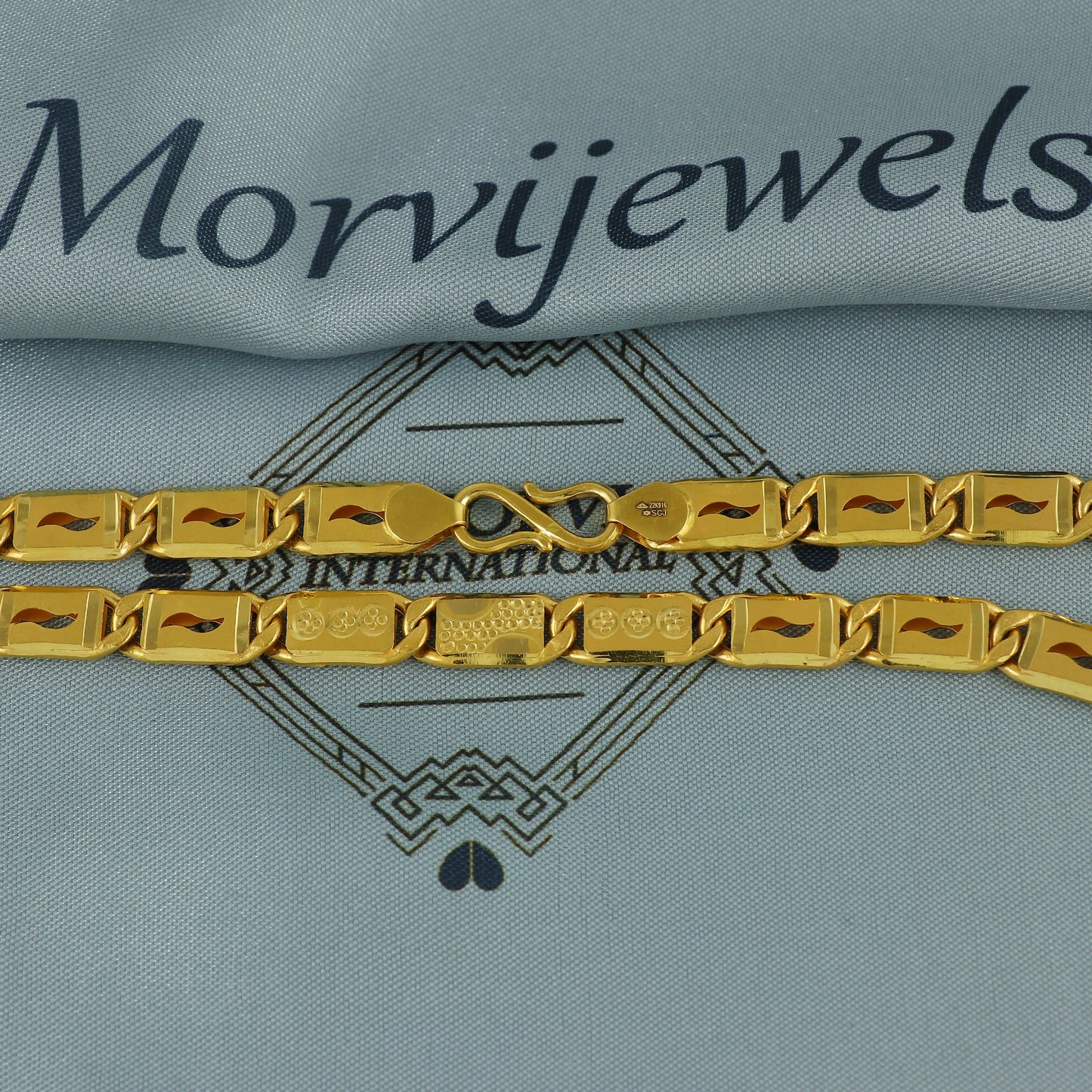Solid 22k Yellow Gold Handmade Designer Bar Link Chain Necklace, Indian Patti Chain Jewelry, Vintage Engraved Gold Necklace, K7169