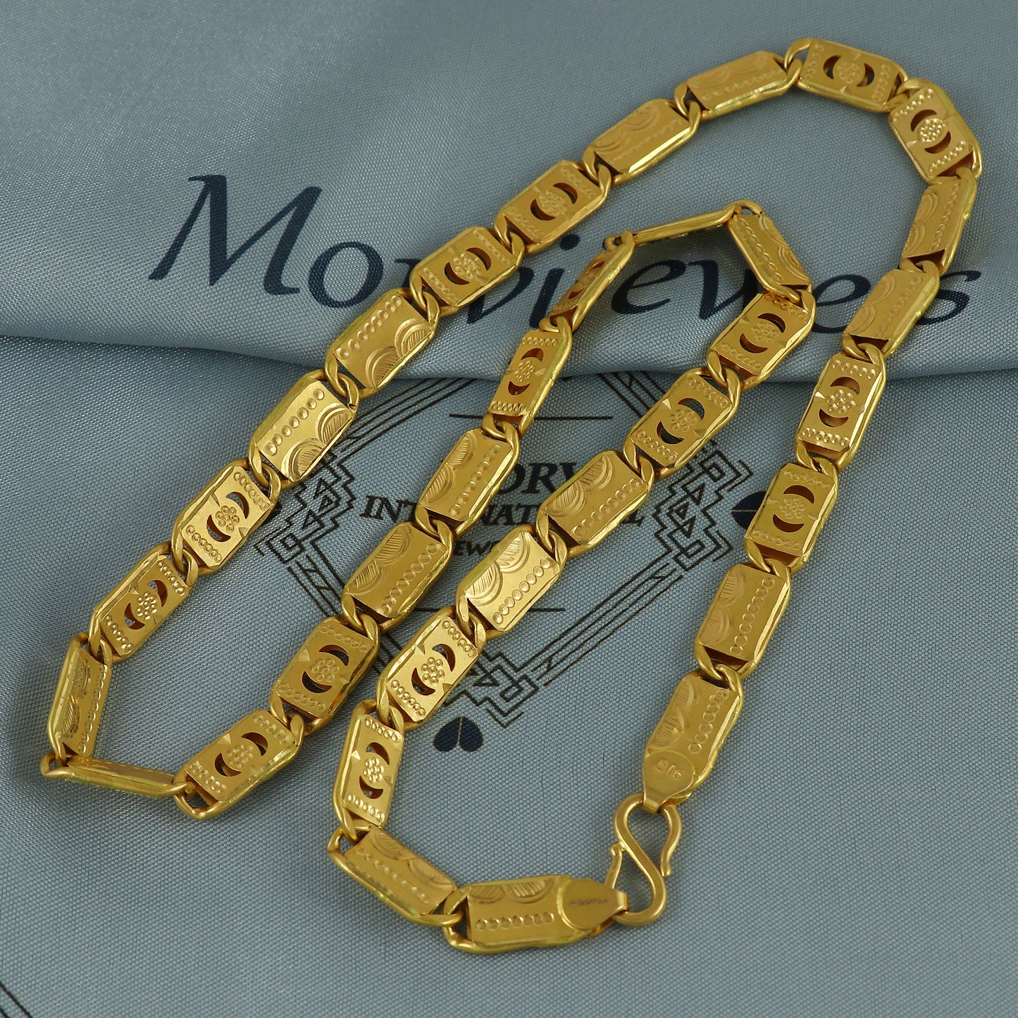 Solid 22k Yellow Gold Handmade Designer Bar Link Chain Necklace, Indian Patti Chain Jewelry, Vintage Engraved Gold Necklace, K7170