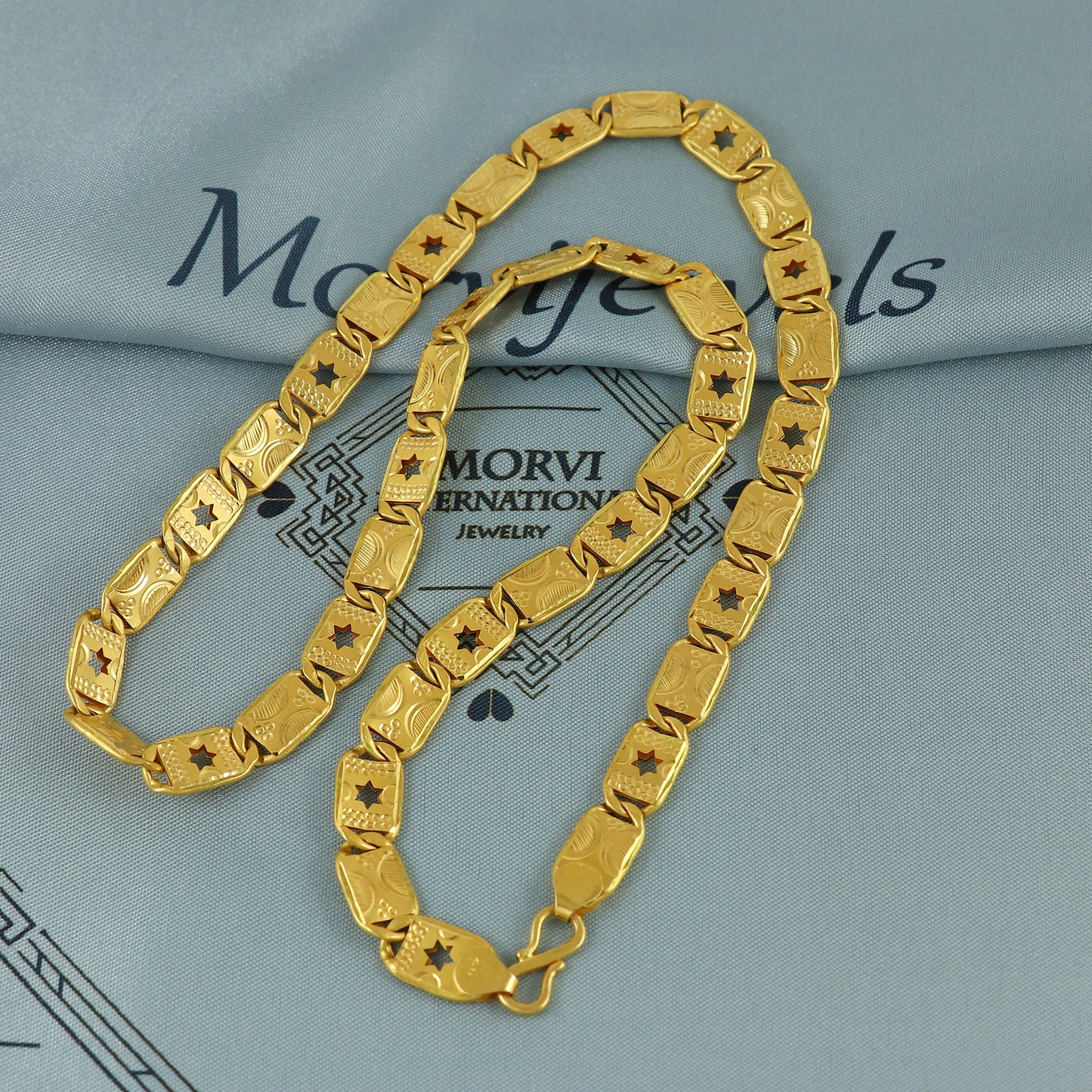 Solid 22k Yellow Gold Handmade Designer Bar Link Chain Necklace, Indian Patti Chain Jewelry, Vintage Engraved Gold Necklace, K7171