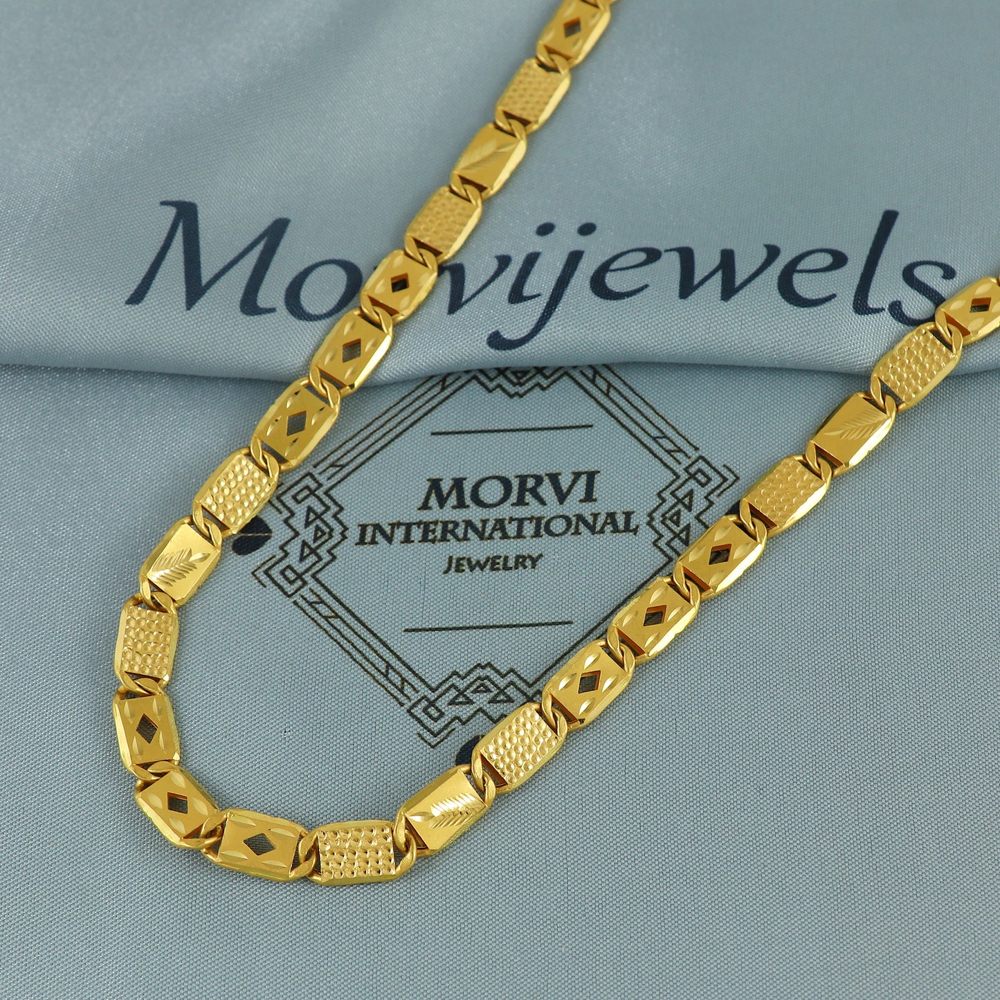 Solid 22k Yellow Gold Handmade Designer Bar Link Chain Necklace, Indian Patti Chain Jewelry, Vintage Engraved Gold Necklace, K7172
