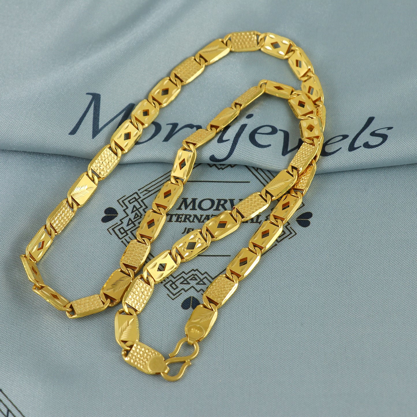 Solid 22k Yellow Gold Handmade Designer Bar Link Chain Necklace, Indian Patti Chain Jewelry, Vintage Engraved Gold Necklace, K7172