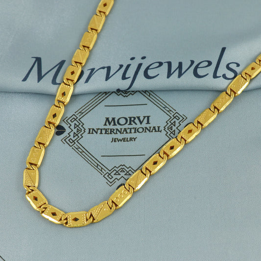 Solid 22k Yellow Gold Handmade Designer Bar Link Chain Necklace, Indian Patti Chain Jewelry, Vintage Engraved Gold Necklace, K7173