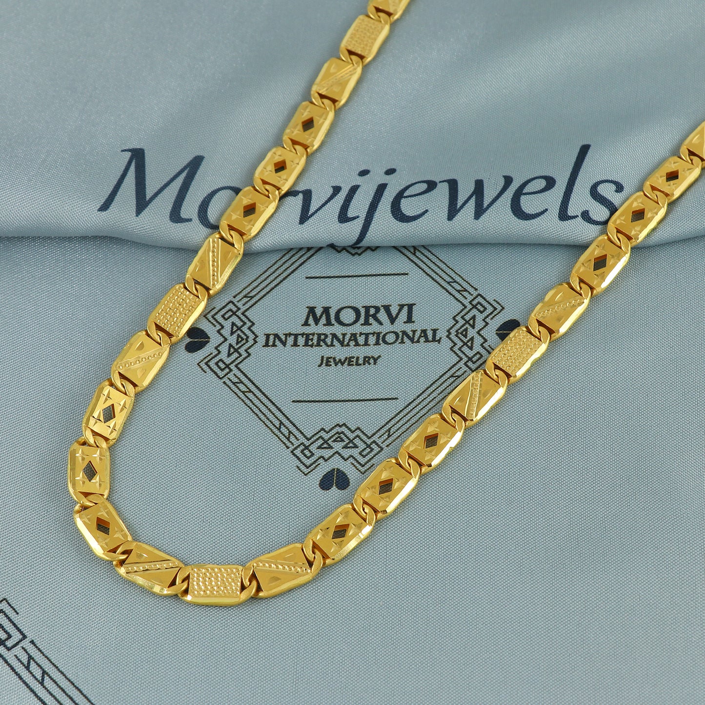 Solid 22k Yellow Gold Handmade Designer Bar Link Chain Necklace, Indian Patti Chain Jewelry, Vintage Engraved Gold Necklace, K7175