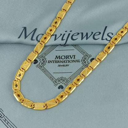 Solid 22k Yellow Gold Handmade Designer Bar Link Chain Necklace, Indian Patti Chain Jewelry, Vintage Engraved Gold Necklace, K7175