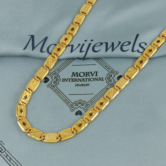 Solid 22k Yellow Gold Handmade Designer Bar Link Chain Necklace, Indian Patti Chain Jewelry, Vintage Engraved Gold Necklace, K7175
