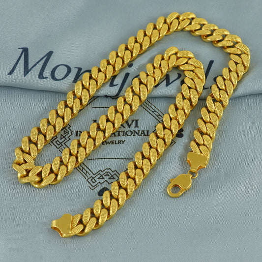 Solid 22k Yellow Gold Handmade Miami Cuban Link Chain Necklace, Indian Textured Cuban Curb Chain Jewelry, Heavy Bold Gold Necklace, K7177