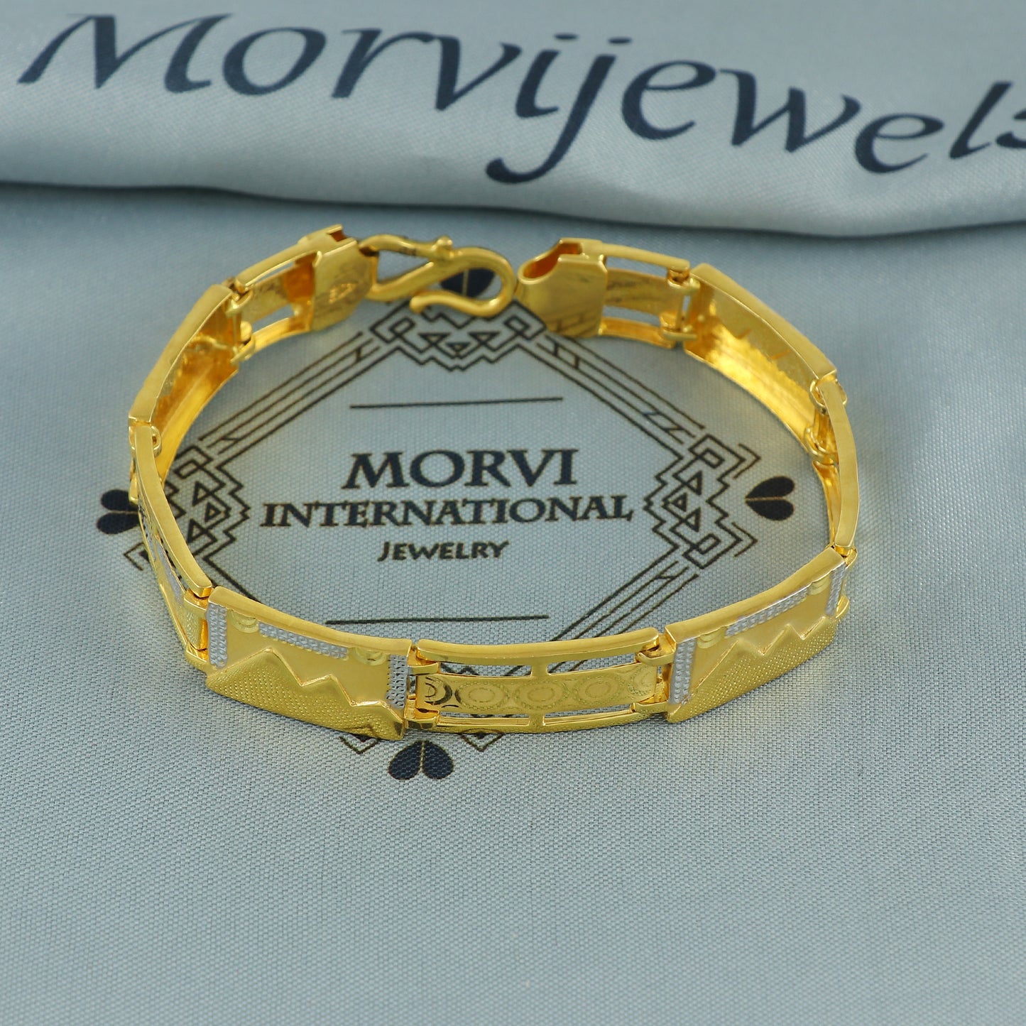 Solid 22k Yellow Gold Handmade Two Tone Designer Bar Link Bracelet, Indian Men's Fancy Gold Bracelet Jewelry, Engraved Geometric Gold Bracelet, K7178