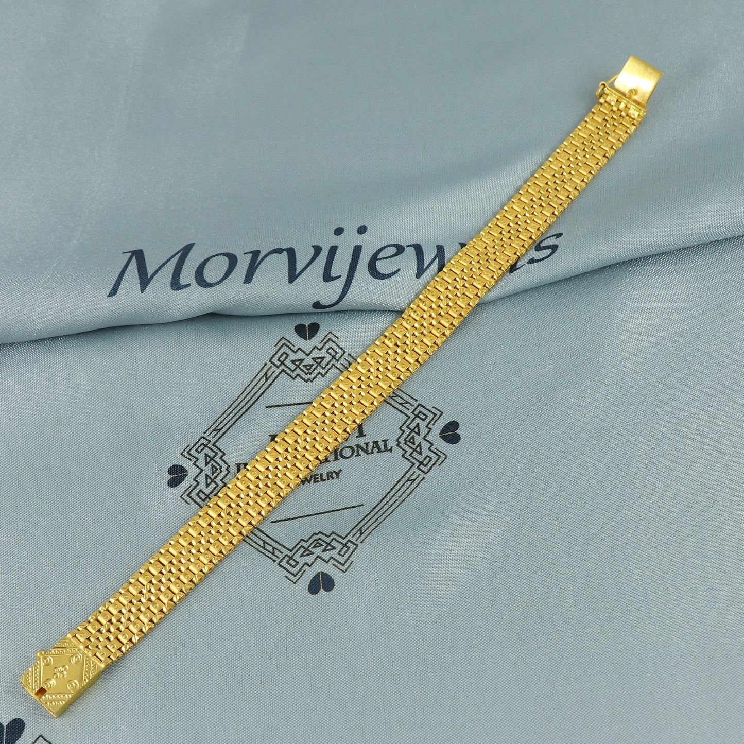 22k yellow gold real bracelet handmade Indian jewelry, Gold Mesh Watch Band Style Bracelet with Engraved Clasp