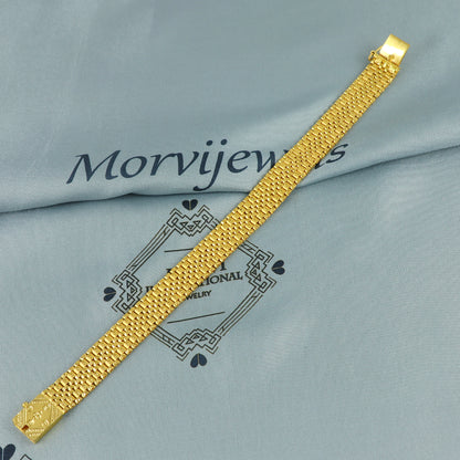 22k yellow gold real bracelet handmade Indian jewelry, Gold Mesh Watch Band Style Bracelet with Engraved Clasp