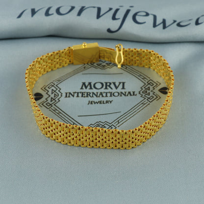 22k yellow gold real bracelet handmade Indian jewelry, Gold Mesh Watch Band Style Bracelet with Engraved Clasp