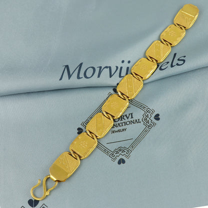 22k Gold Engraved Square Link Bracelet with S-Hook Clasp, 22k yellow gold real bracelet handmade Indian jewelry, K7181
