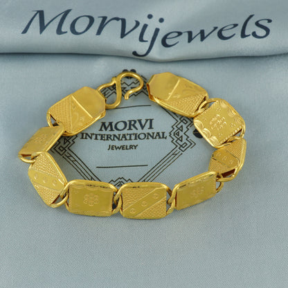 22k Gold Engraved Square Link Bracelet with S-Hook Clasp, 22k yellow gold real bracelet handmade Indian jewelry, K7181