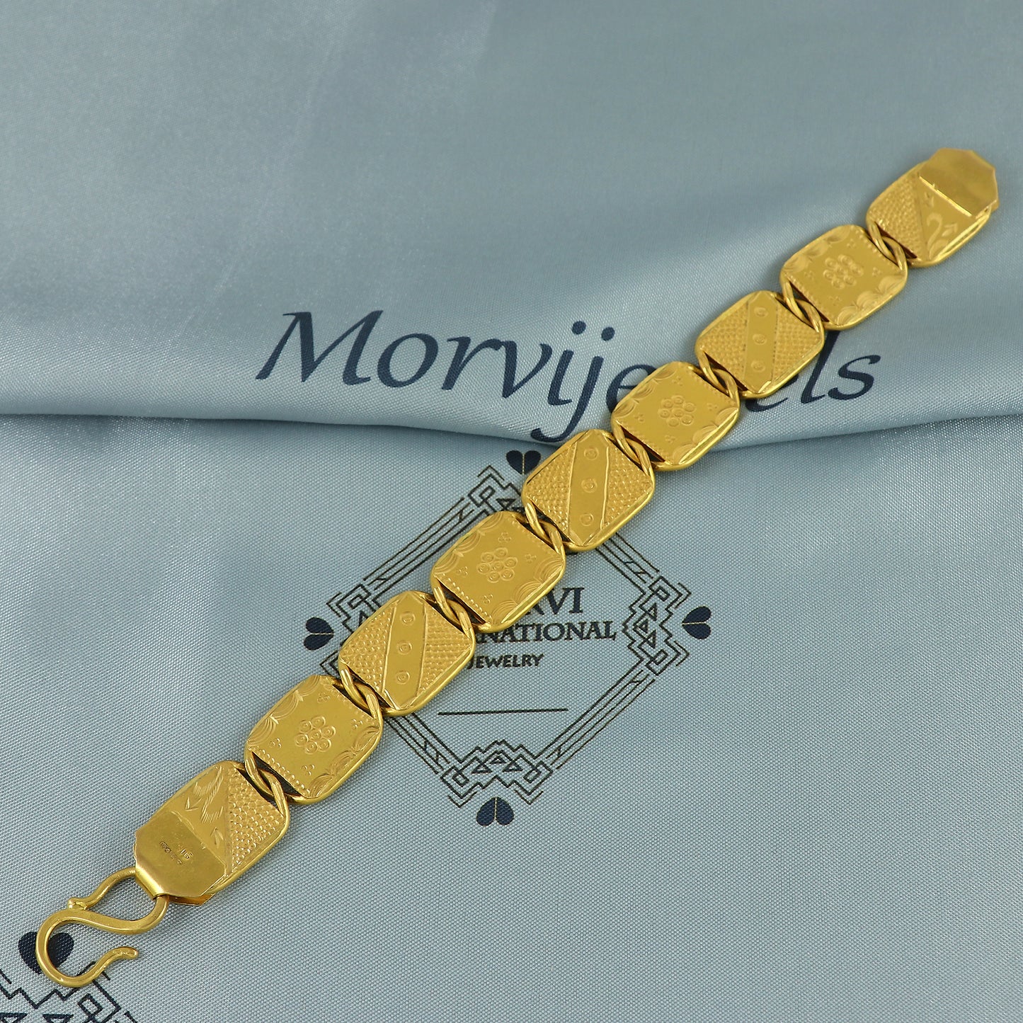 22k Gold Engraved Square Link Bracelet with S-Hook Clasp, 22k yellow gold real bracelet handmade Indian jewelry, K7181