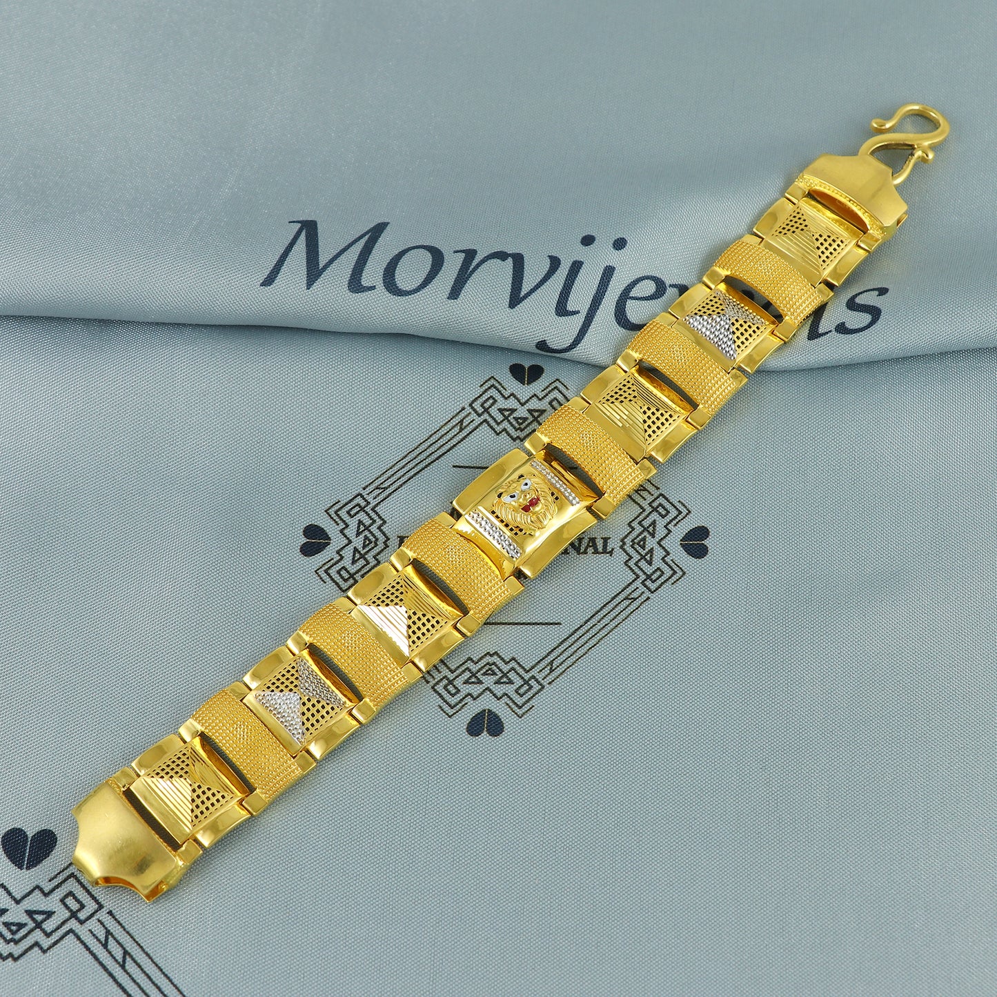 22k Gold Engraved Square Link Bracelet Lion, 22k yellow gold real bracelet handmade Indian jewelry, K7183