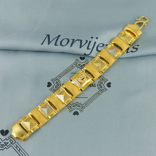 22k Gold Engraved Square Link Bracelet Lion, 22k yellow gold real bracelet handmade Indian jewelry, K7183