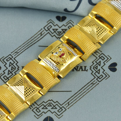 22k Gold Engraved Square Link Bracelet Lion, 22k yellow gold real bracelet handmade Indian jewelry, K7183