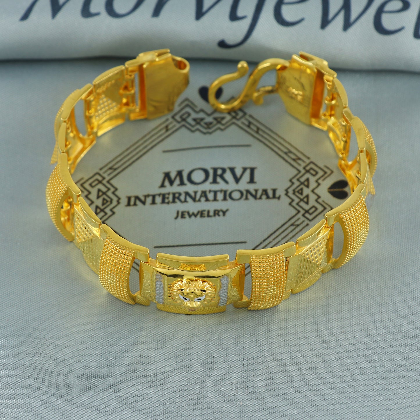 22k Gold Engraved Square Link Bracelet Lion, 22k yellow gold real bracelet handmade Indian jewelry, K7183