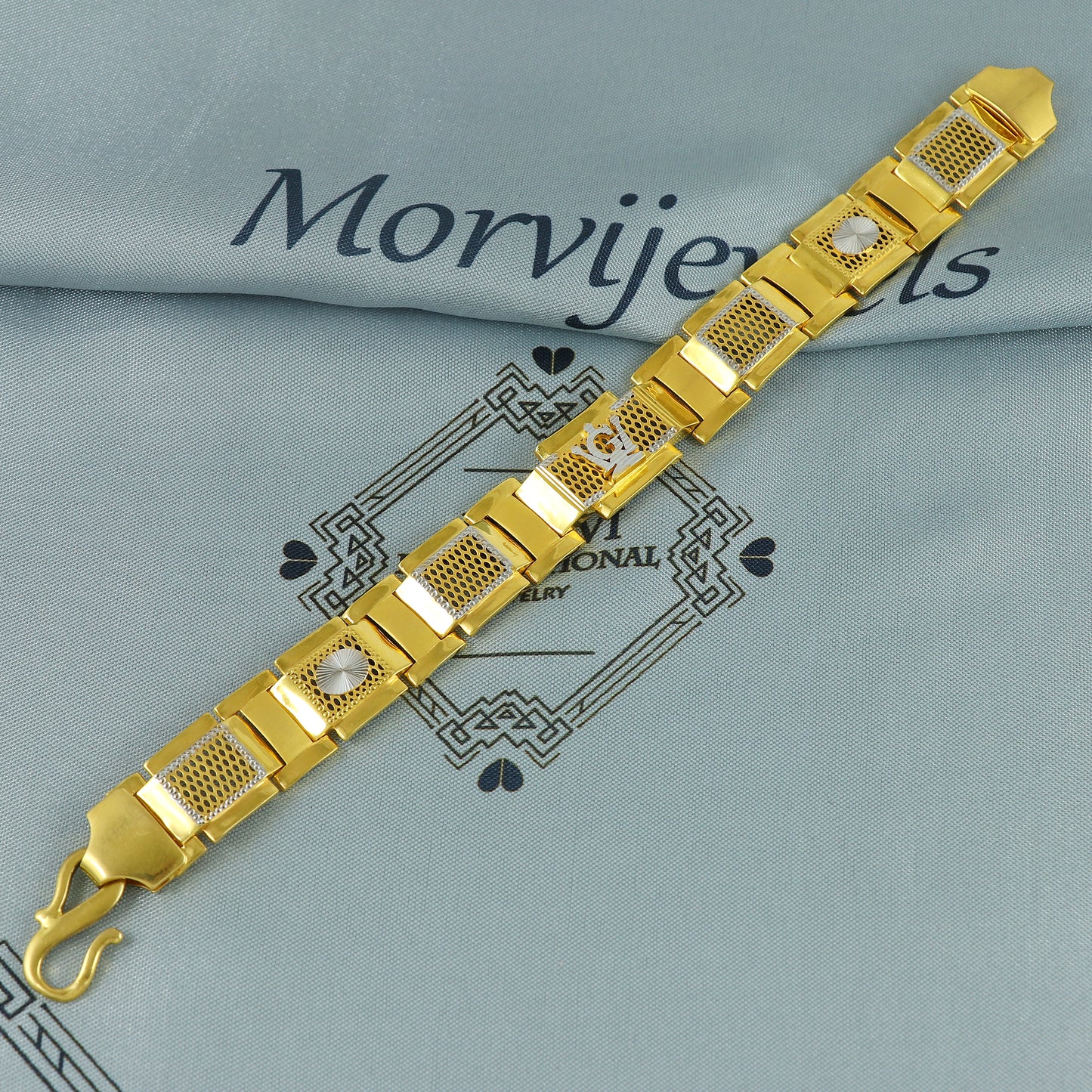 22k Gold Engraved Square Link Two Tone Bracelet , 22k yellow gold real bracelet handmade Indian jewelry, K7184