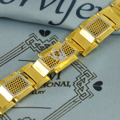 22k Gold Engraved Square Link Two Tone Bracelet , 22k yellow gold real bracelet handmade Indian jewelry, K7184