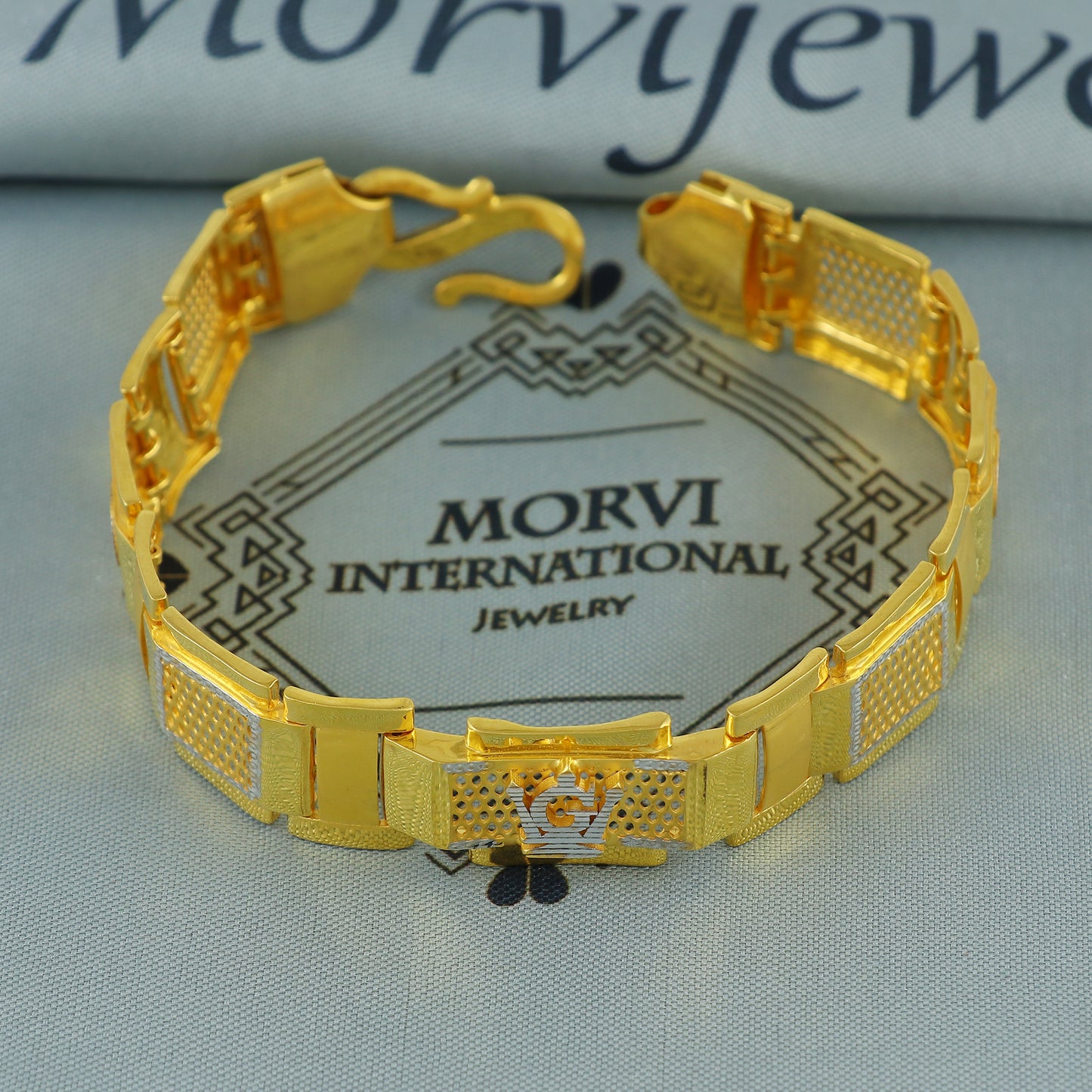 22k Gold Engraved Square Link Two Tone Bracelet , 22k yellow gold real bracelet handmade Indian jewelry, K7184