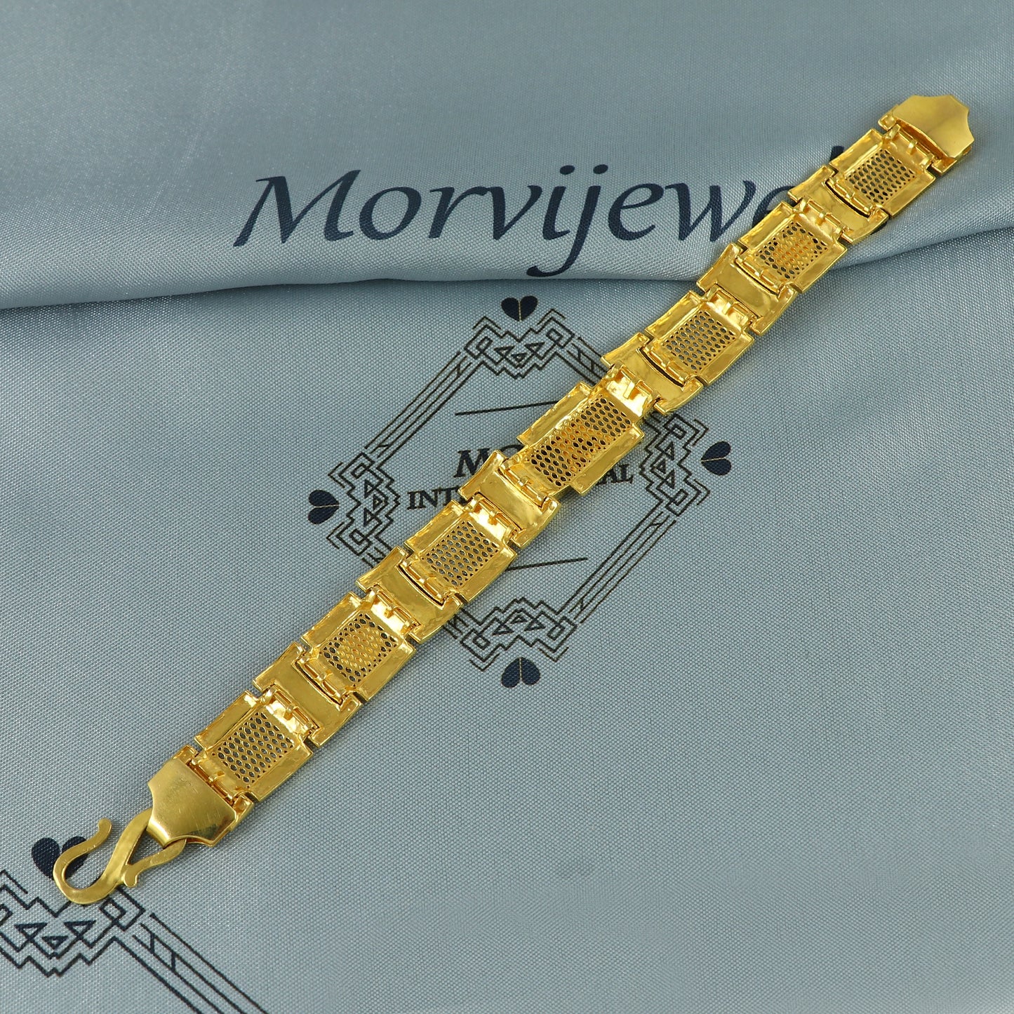 22k Gold Engraved Square Link Two Tone Bracelet , 22k yellow gold real bracelet handmade Indian jewelry, K7184