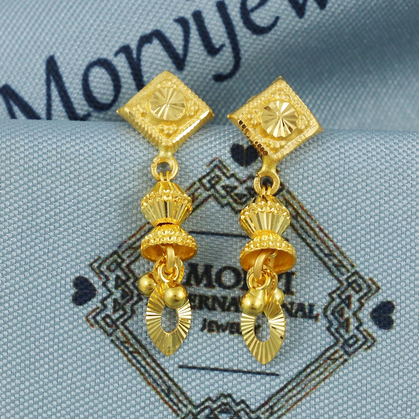 22k Gold Dangle Earrings Dainty Indian 22kt Jewelry Exclusive Authentic BIS Hallmarked Stamped "22k916" Jewelry, MJ0055