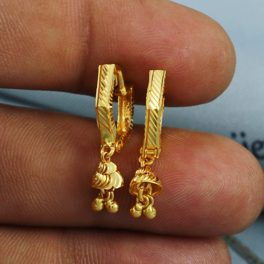 22k Gold Hoop Earrings Dainty Indian 22kt Jewelry Exclusive Authentic BIS Hallmarked Stamped "22k916" Jewelry, MJ0060