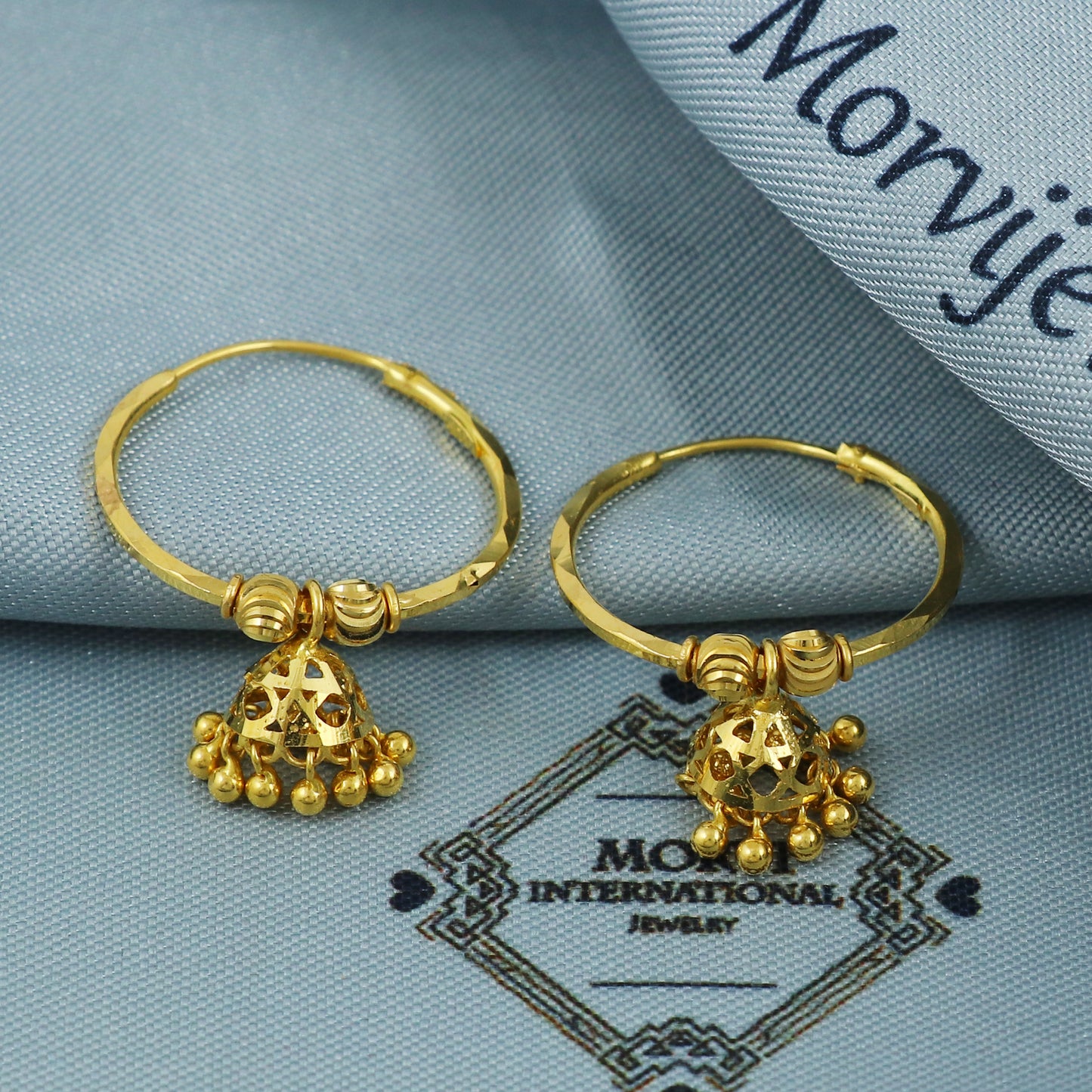 22k Yellow Gold Hoop Jhumki Dangling Earring Jhumka, Handmade Indian Gold Jewelry for Women, MJ0076