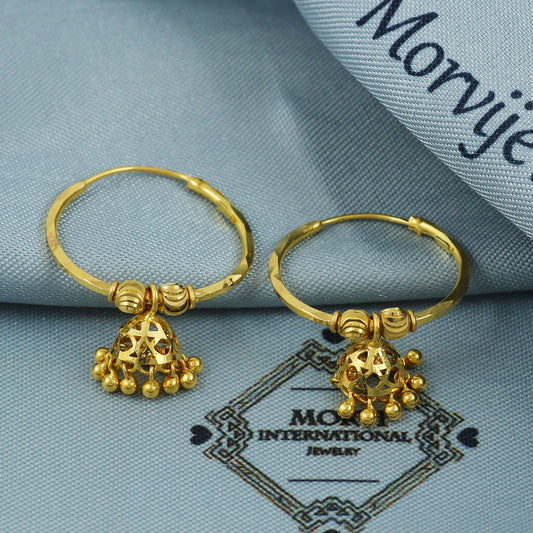 22k Yellow Gold Hoop Jhumki Dangling Earring Jhumka, Handmade Indian Gold Jewelry for Women, MJ0076
