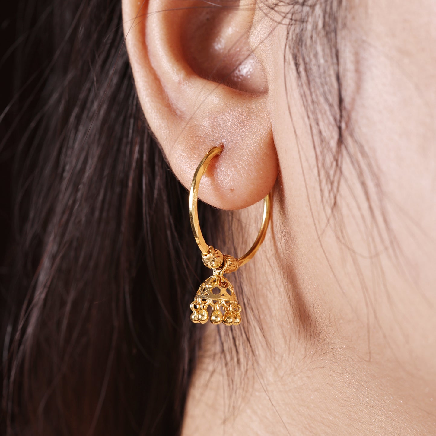 22k Yellow Gold Hoop Jhumki Dangling Earring Jhumka, Handmade Indian Gold Jewelry for Women, MJ0076