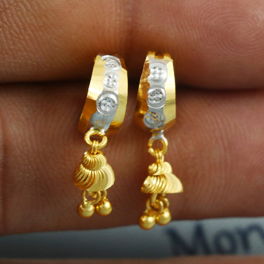 Pure 22k Yellow Gold Hoop Bali Earrings with bells, Handmade Yellow gold Small earrings for women,  dainty Indian gold earrings gift, MJ0104