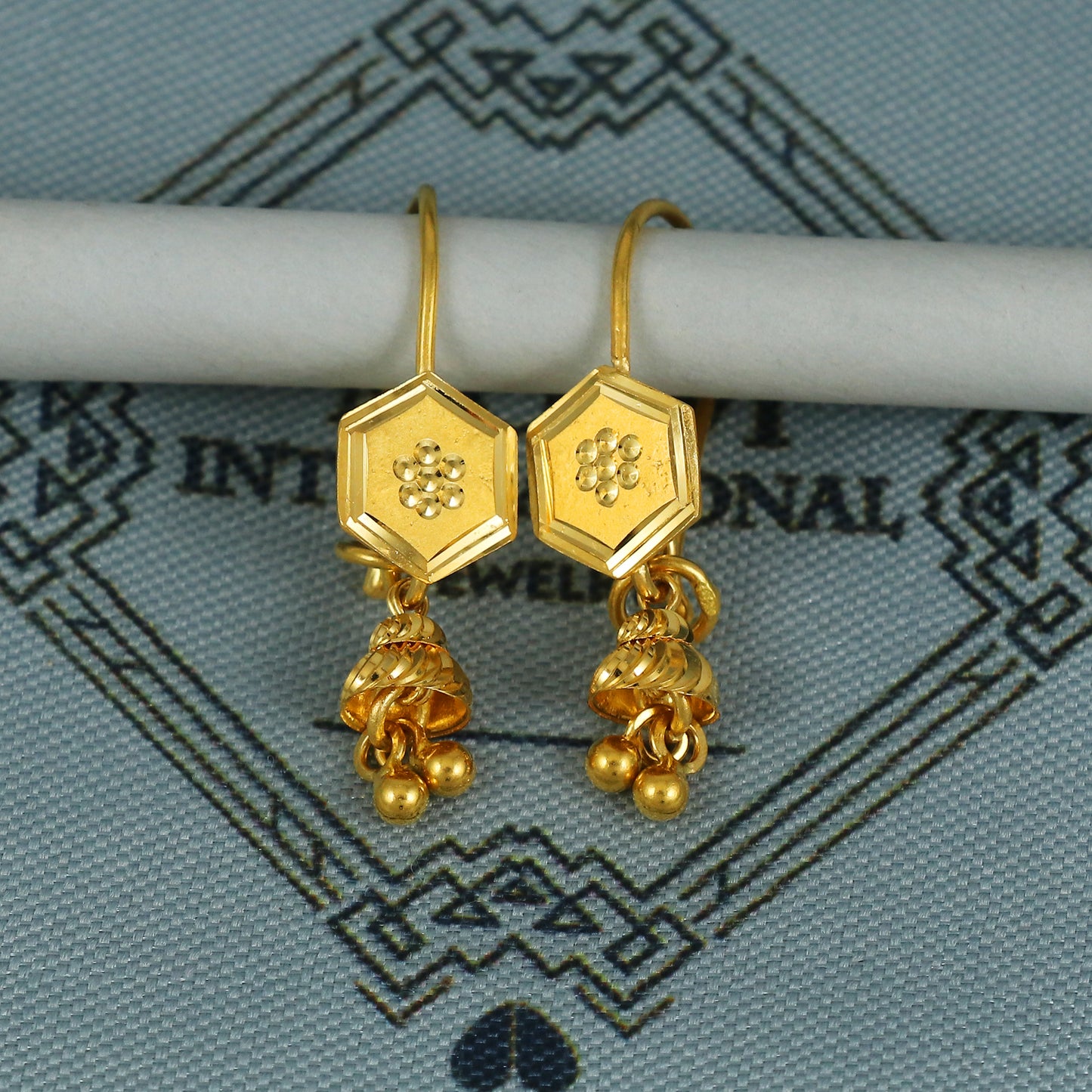 22k Gold Earrings Engraved Ear wire Hook Dangle Earrings , Small Dangling 22kt Earrings, Indian Gold Earrings, Party Wear Earrings, MJ0111