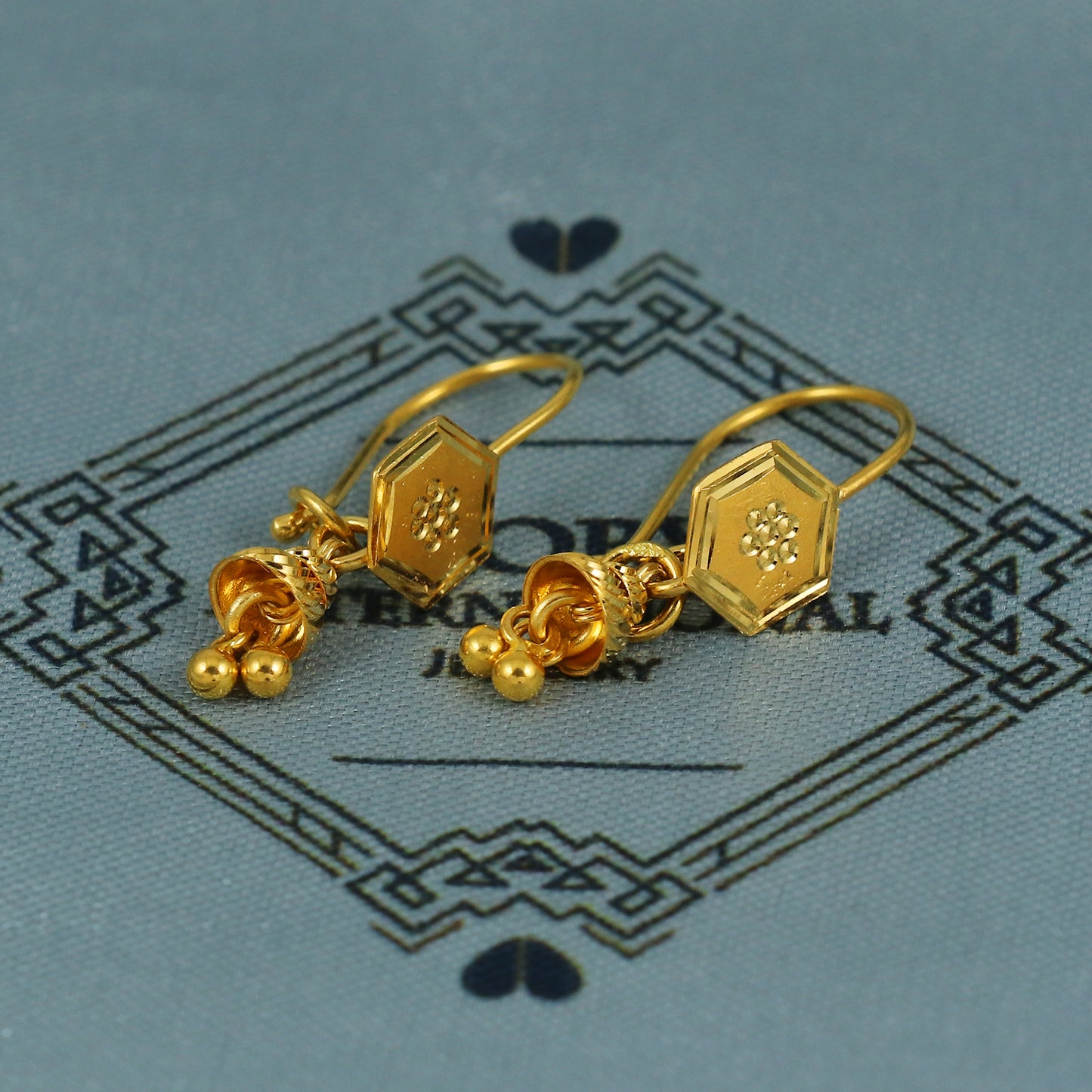 22k Gold Earrings Engraved Ear wire Hook Dangle Earrings , Small Dangling 22kt Earrings, Indian Gold Earrings, Party Wear Earrings, MJ0111