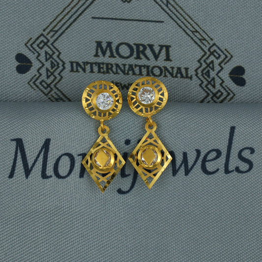 Elegant 18k Gold Dangle Earrings with CZ Stones, Light Weight Dainty Earrings Handmade Indian Jewelry, MJ0117