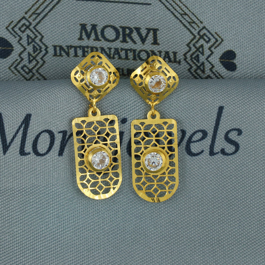Elegant 18k Gold Dangle Earrings with CZ Stones, Light Weight Dainty Earrings Handmade Indian Jewelry, MJ0122
