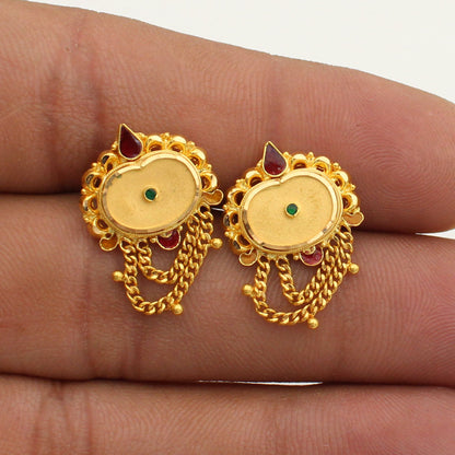 22k Yellow Gold Indian Dangle Huggies chain Earrings, Traditional Chain Studs, K1286