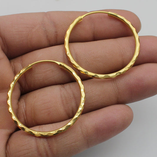 22k Yellow Gold Hoop Bali Earrings , Handmade big Yellow gold earrings for women, Valentine Day gift, hammered design indian gold earrings