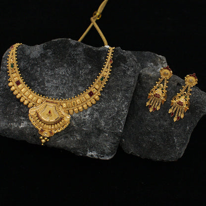 22k Yellow Gold Necklace Earrings Set , Indian Gold Jewelry Set, handmade gold set necklace earrings pair, jewelry from india