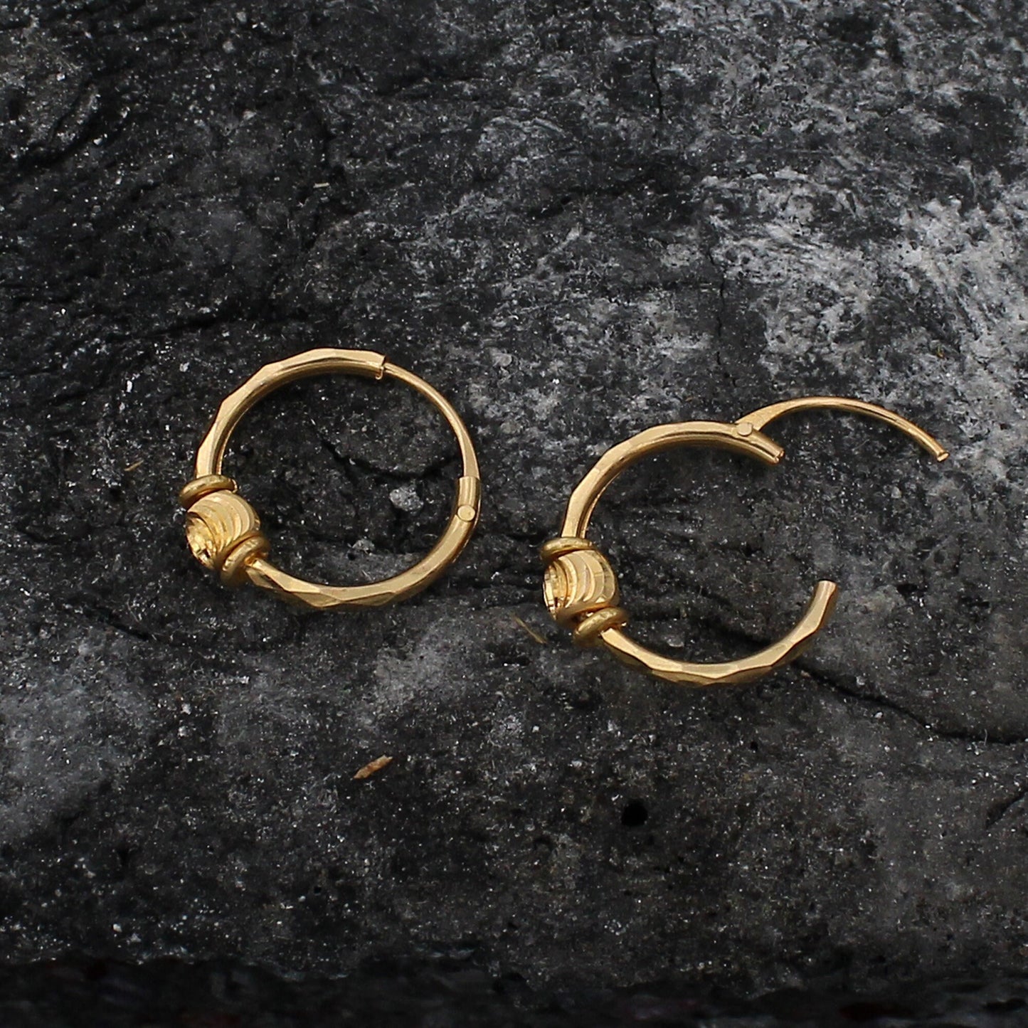 20k Yellow Gold Hoop Bali Earrings  Handmade bead Yellow gold earrings for women, Valentine Day gift, star design indian gold earrings
