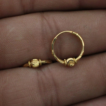 20k Yellow Gold Hoop Bali Earrings  Handmade bead Yellow gold earrings for women, Valentine Day gift, star design indian gold earrings