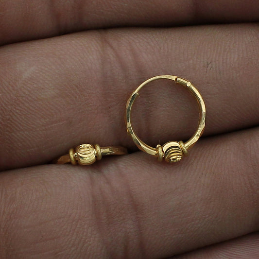 20k Yellow Gold Hoop Bali Earrings  Handmade bead Yellow gold earrings for women, Valentine Day gift, star design indian gold earrings