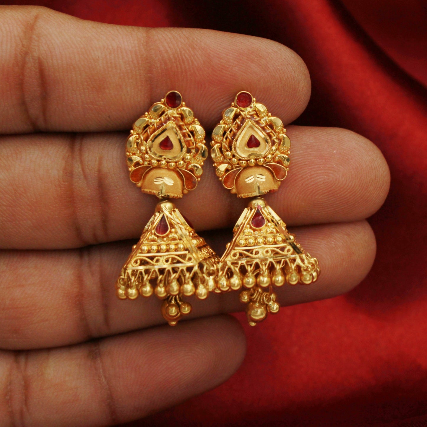 22k Yellow Gold Earrings Jewelry, handmade vintage Pure Traditional design indian style  Dangle Jhumki Earrings Chandelier dangling