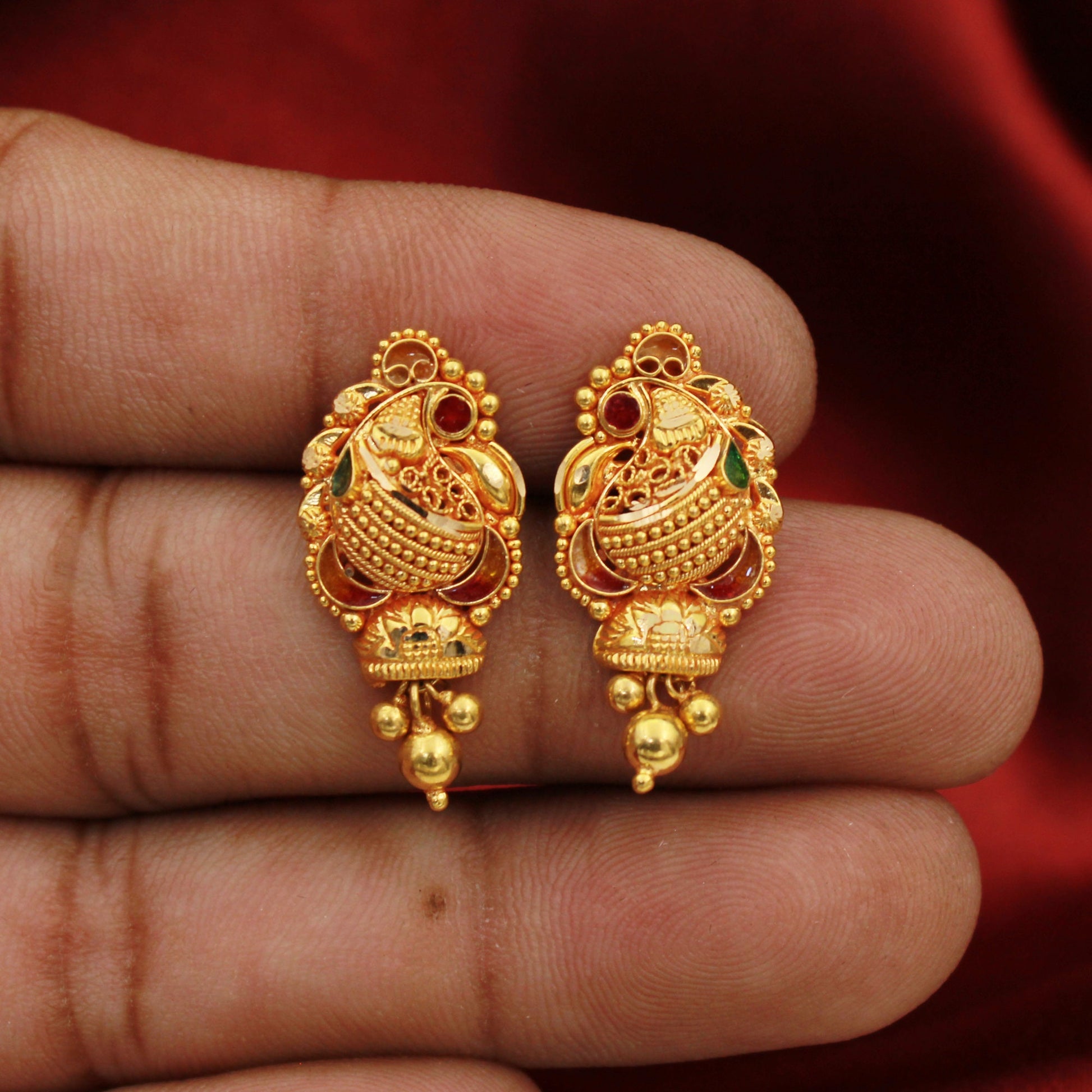 Peacock 22k Gold Stud Jhumki Earrings Handmade Yellow gold